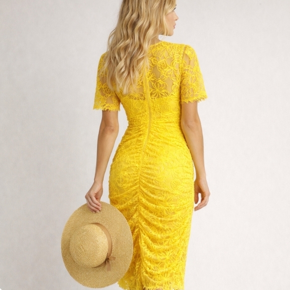 Zara | Yellow Lace Ruched Midi Bodycon Dress - Picture 6 of 11